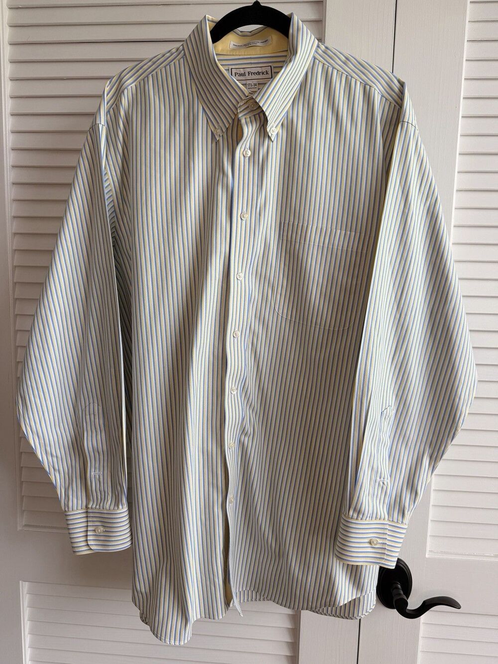 Paul Fredrick 17.5 34 Non Iron Two Ply Cotton Pinpoint Dress Shirt Blue Yellow S